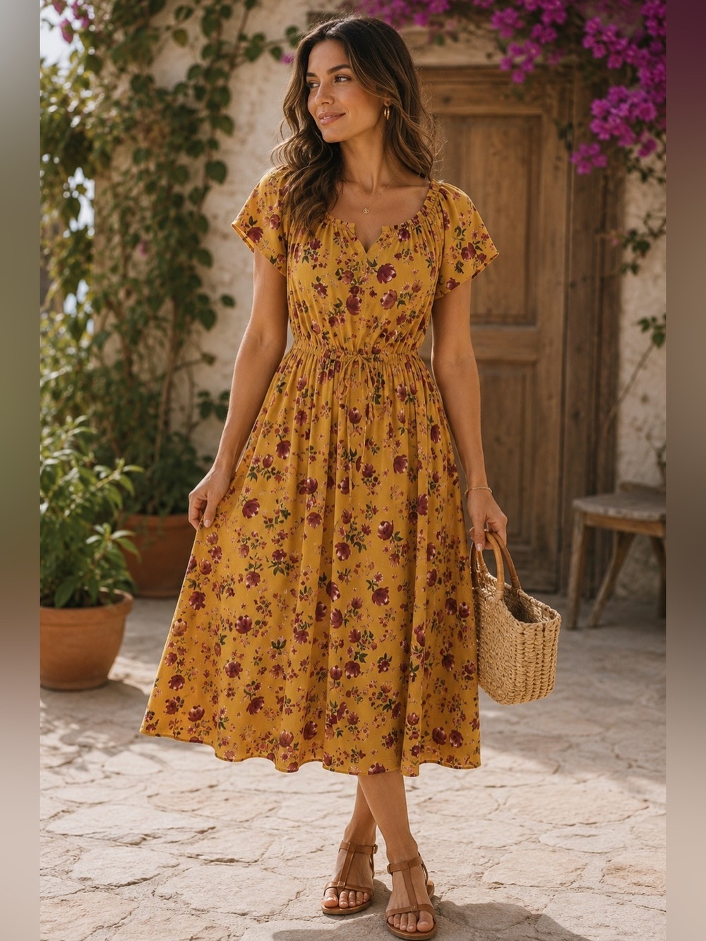 Patrons of Peace Mustard Floral Midi Dress Size S Cottagecore Boho Festival